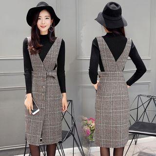 Set: Belted Plaid Jumper Dress + Top