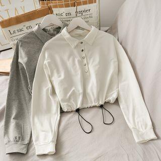 Drawstring-hem Snap-button Loose Polo Top