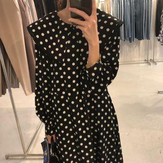 Long-sleeve Collar Dotted Midi A-line Dress Black - One Size
