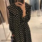 Long-sleeve Collar Dotted Midi A-line Dress Black - One Size