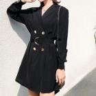 Lapel Collar Double-button Mini Dress With Belt