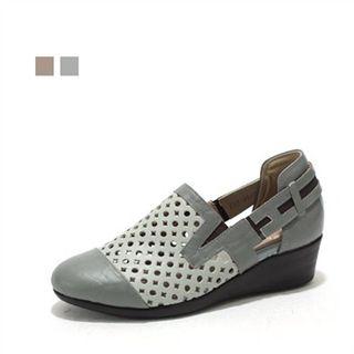Genuine Leather Perforated Wedge Pumps