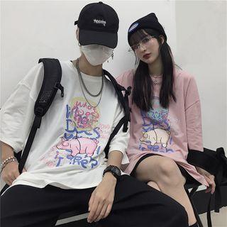 Lettering Pig Short-sleeve Round Neck T-shirt