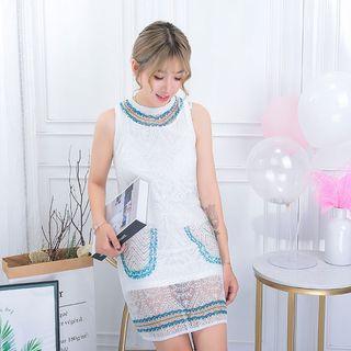 Set: Crew-neck Tank Dress + Lace Sleeveless Dress
