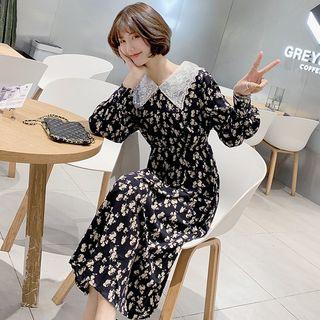 Lace Collar Long-sleeve Midi Floral A-line Dress