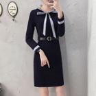 Bow Accent Long-sleeve Mini Straight-fit Dress