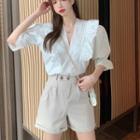 Puff-sleeve Ruffle Trim V-neck Blouse / High-waist Plain Dress Shorts