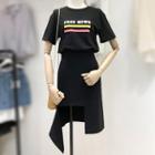 Set: Printed Short-sleeve T-shirt + Asymmetric Hem A-line Skirt