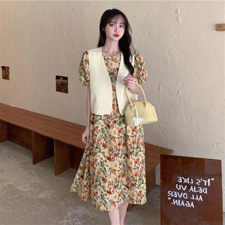 Puff-sleeve Floral Print Midi A-line Dress / Vest