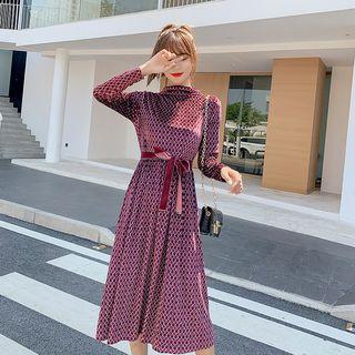 Patterned Mock-turtleneck A-line Midi Dress