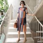 Round-neck Pleated-hem Pattern Dress