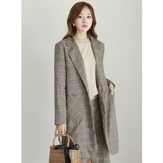 Set: Notched-collar Glen-plaid Coat + Midi Flare Skirt