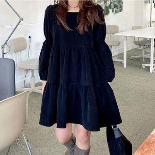 Puff Sleeve Corduroy Tiered Dress Black - One Size