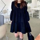 Puff Sleeve Corduroy Tiered Dress Black - One Size