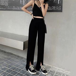 High-waist Split Hem Straight-cut Pants