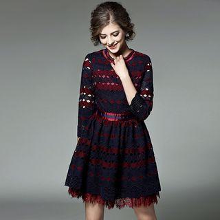 Striped Embroidered 3/4 Sleeve A-line Dress