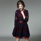 Striped Embroidered 3/4 Sleeve A-line Dress