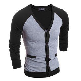 V-neck Color Block Buttoned Jacket