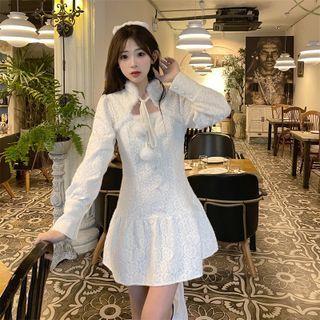 Long-sleeve Fluffy Trim Pom Pom Lace Mini A-line Dress