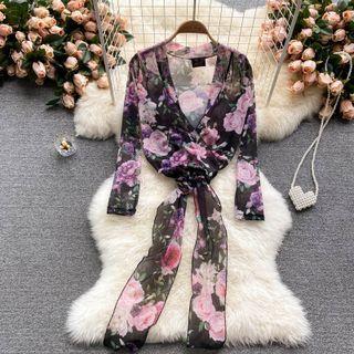 V-neck Flower Print Mesh Long-sleeve Top