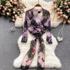 V-neck Flower Print Mesh Long-sleeve Top