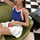 Color-block Knit Sleeveless Top / Plain High-waist Pleated Skirt
