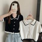 Short-sleeve Contrast Frill Trim Button-up Knit Top