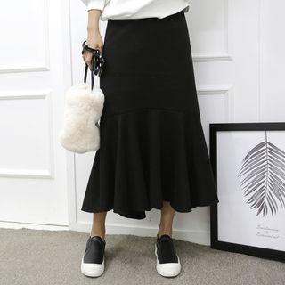 Band-waist Ruffle-hem Fleece-lined Skirt
