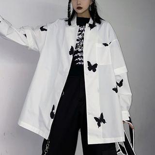 Butterfly Print Detachable-sleeve Shirt
