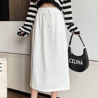 Elastic-waist Plain Loose Fit Back Slit Midi Skirt