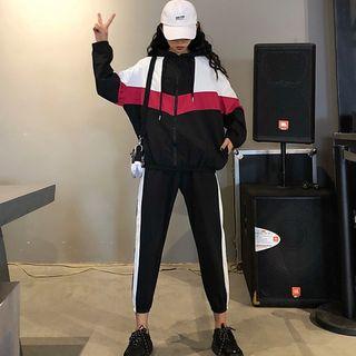 Set: Color Block Hooded Zip Jacket + Contrast Trim Cropped Harem Pants