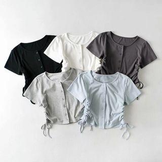 Short-sleeve Button-up Drawstring Crop Top