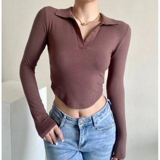 Long Sleeve V-neck Collared Crop Top