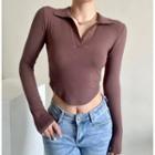 Long Sleeve V-neck Collared Crop Top