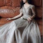 Short Sleeve V-neck Sequined Mesh A-line Evening Gown