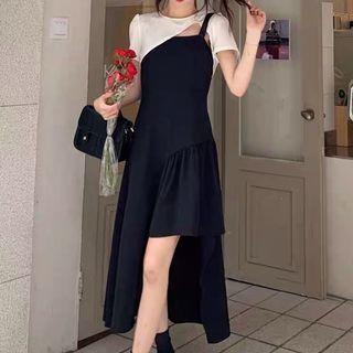Set: Short-sleeve Crop Top + Sleeveless Asymmetrical Dress
