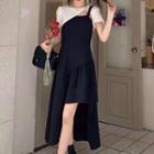 Set: Short-sleeve Crop Top + Sleeveless Asymmetrical Dress