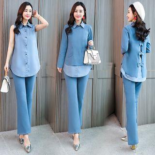 Set: Bow-back Pullover + Sleeveless Blouse + Boot-cut Pants