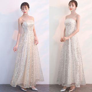 Spaghetti Strap Sequined A-line Evening Gown