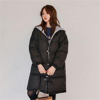 Contrast-hood Long Puffer Coat