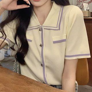 Short-sleeve Collar Contrast Trim Knit Top Almond - One Size