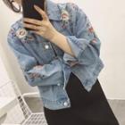 Flower Embroidered Washed Denim Jacket