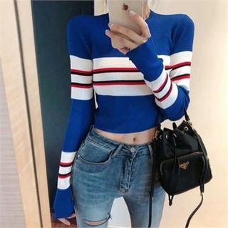 Color-block Cropped Knit Top Blue - One Size
