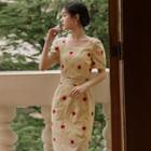 Short-sleeve Floral Embroidered Midi Sheath Dress