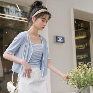 Set: Shirred Camisole Top + Short-sleeve Cropped Cardigan Blue - One Size