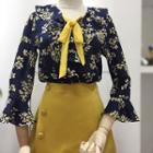 Set: Flower Print 3/4-sleeve Top + High Waist Skort