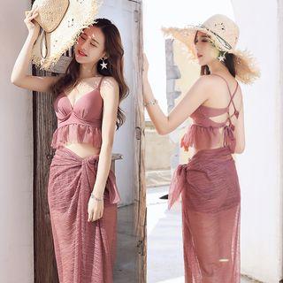 Set: Lace Trim Bikini Top + Bottom + Cover Up