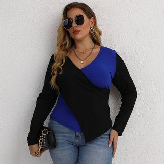 Plus-size Long-sleeve V-neck Two-tone Top