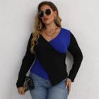 Plus-size Long-sleeve V-neck Two-tone Top