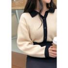 Contrast-collar Wool Blend Cardigan Cream - One Size